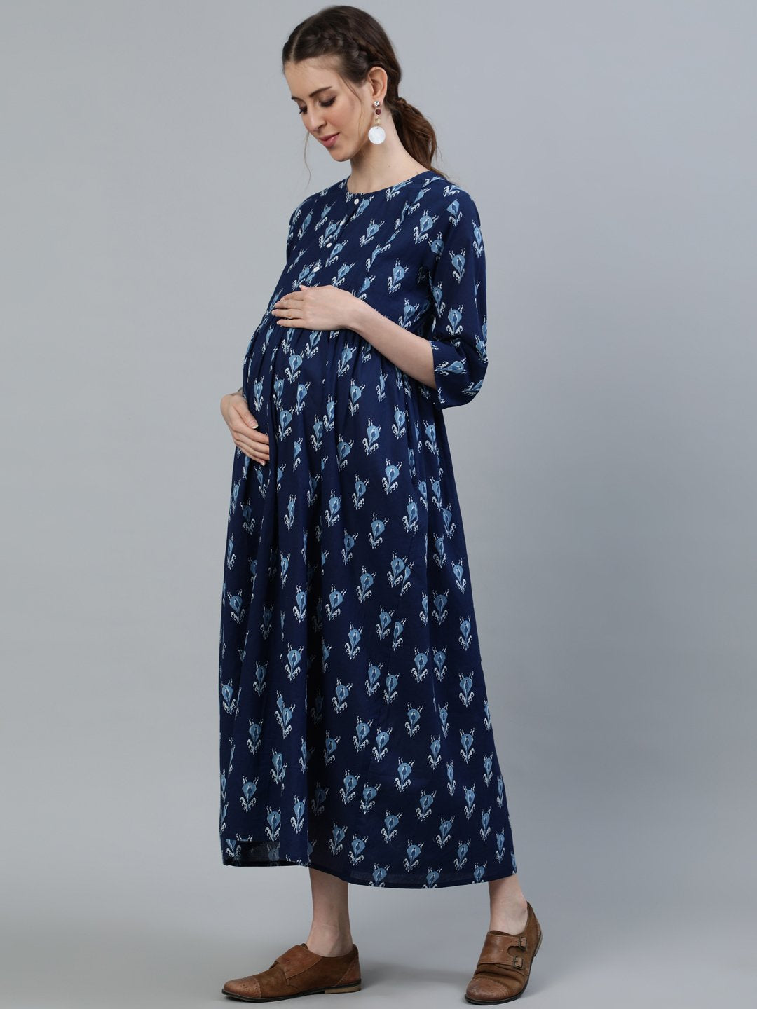 Women's Blue Indigo Printed Maternity Dress With Three Quarter Sleeves - Nayo Clothing