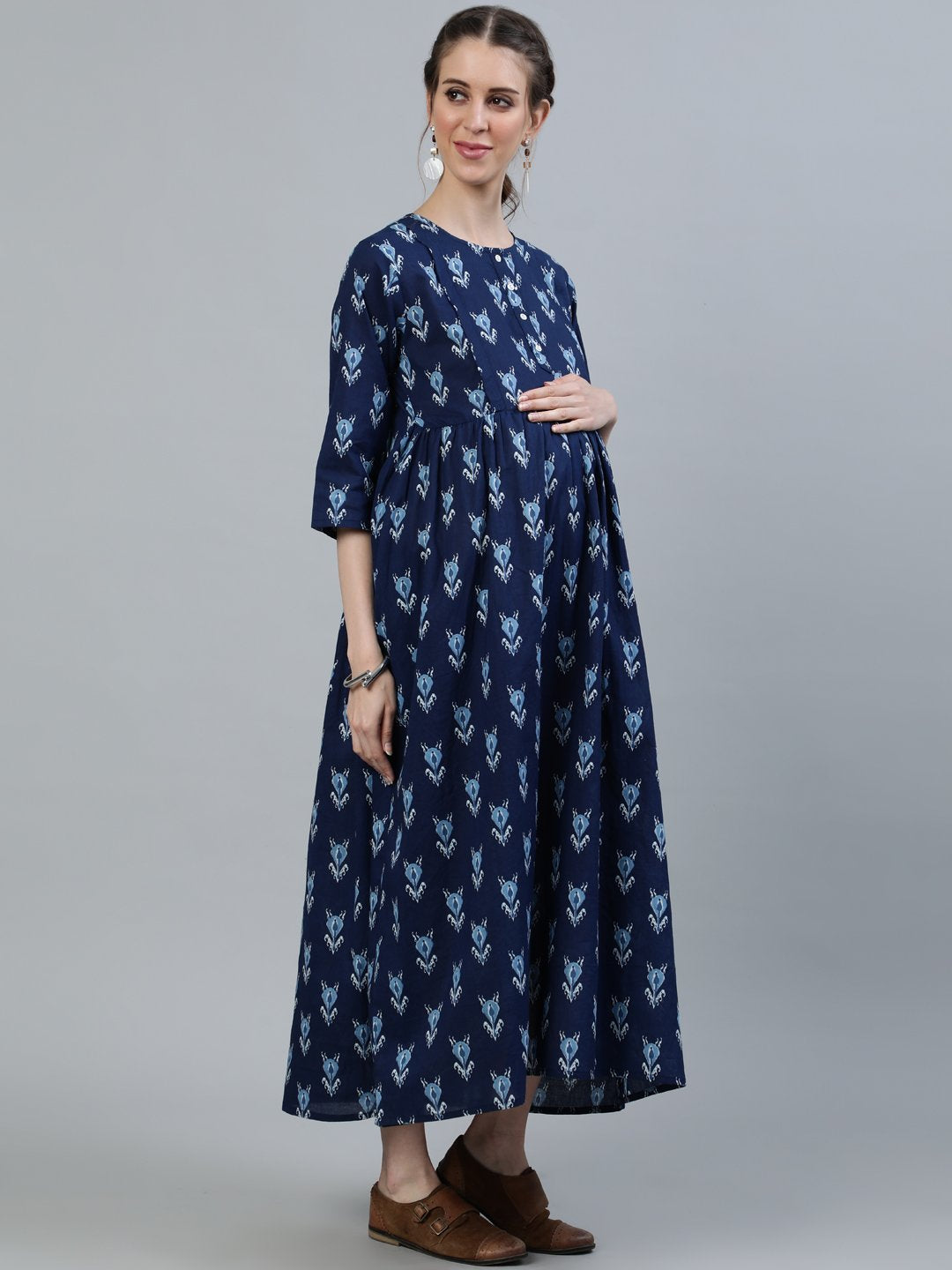 Women's Blue Indigo Printed Maternity Dress With Three Quarter Sleeves - Nayo Clothing