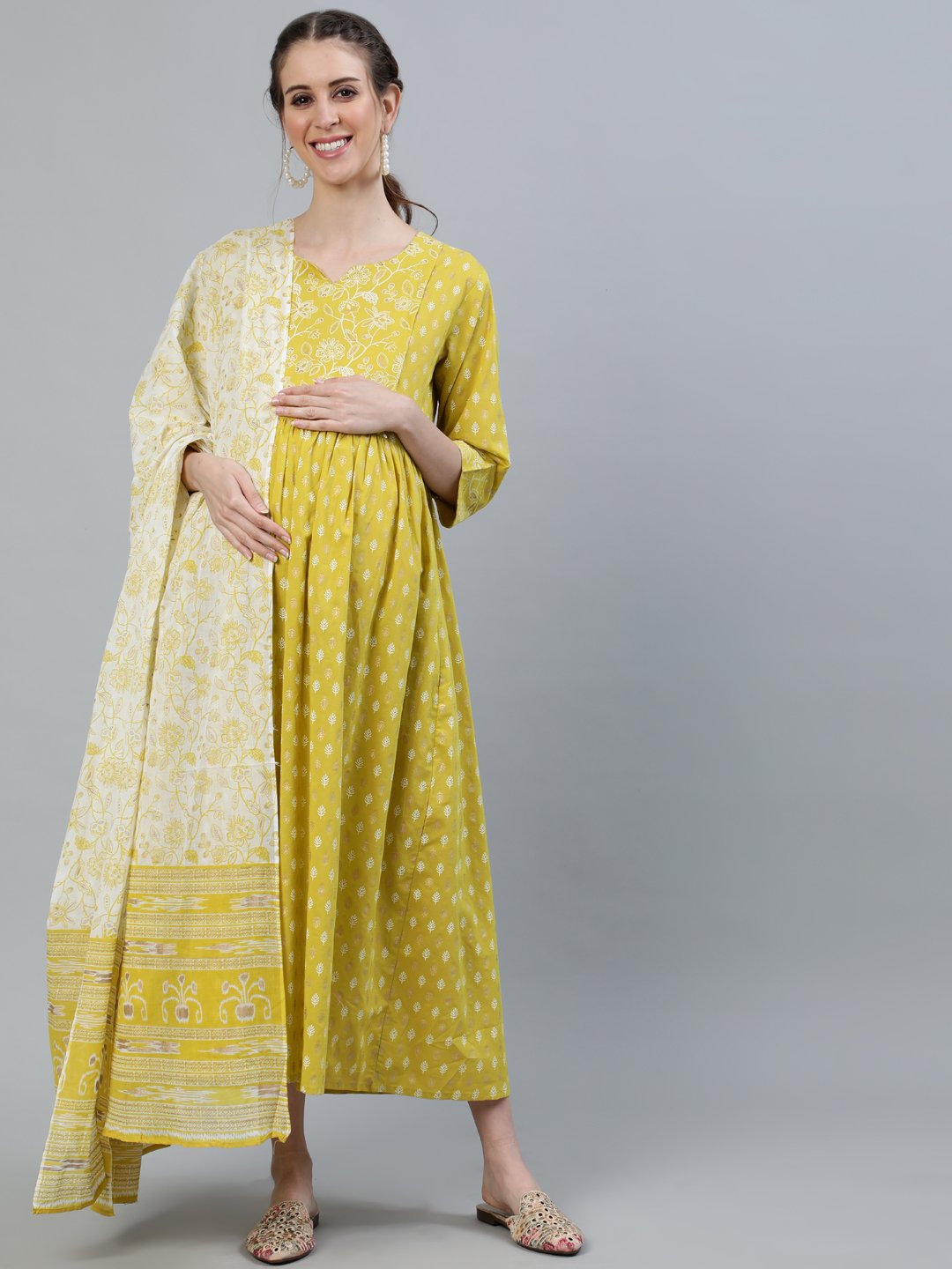 Women's Lime Green & Gold Indigo Printed Maternity Dress With Three Quarter Sleeves & Dupatta - Nayo Clothing