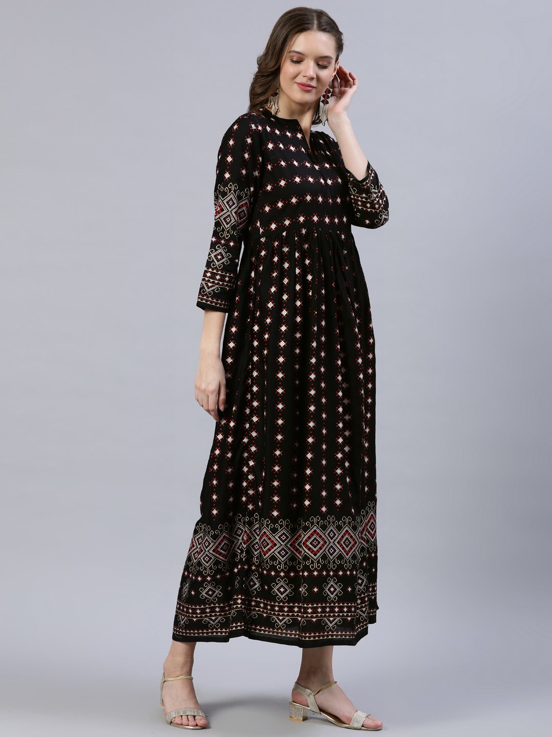 Women's Black Printed Dress With Three Quarter Sleeves - Nayo Clothing