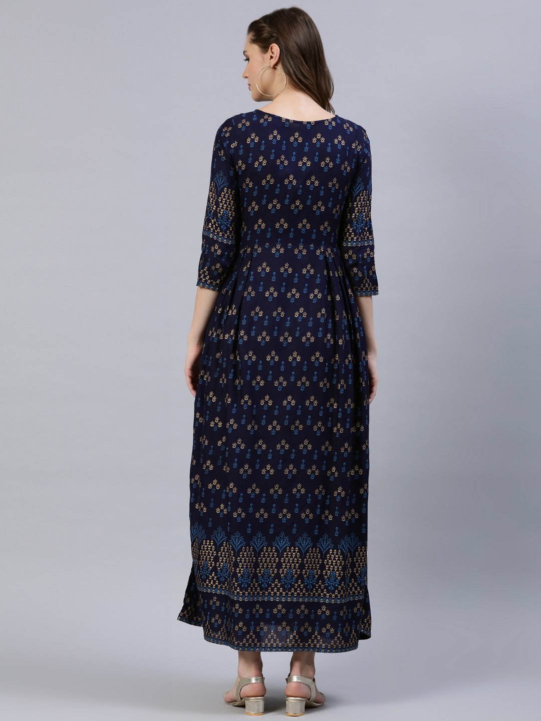 Women's Navy Blue & Gold Printed Dress With Three Quarter Sleeves - Nayo Clothing