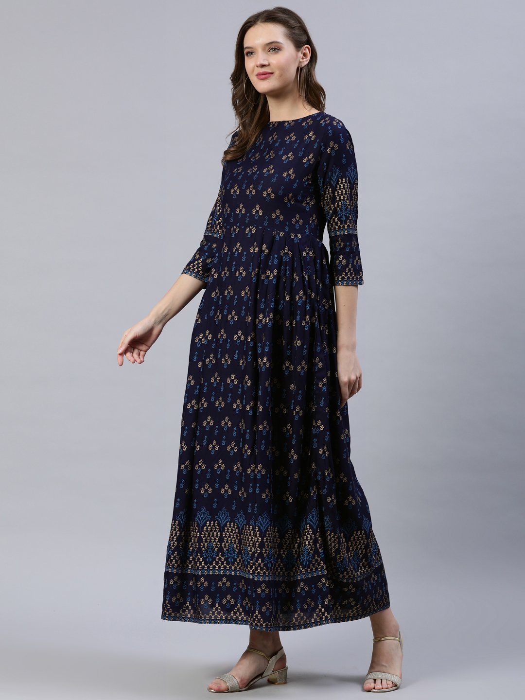 Women's Navy Blue & Gold Printed Dress With Three Quarter Sleeves - Nayo Clothing