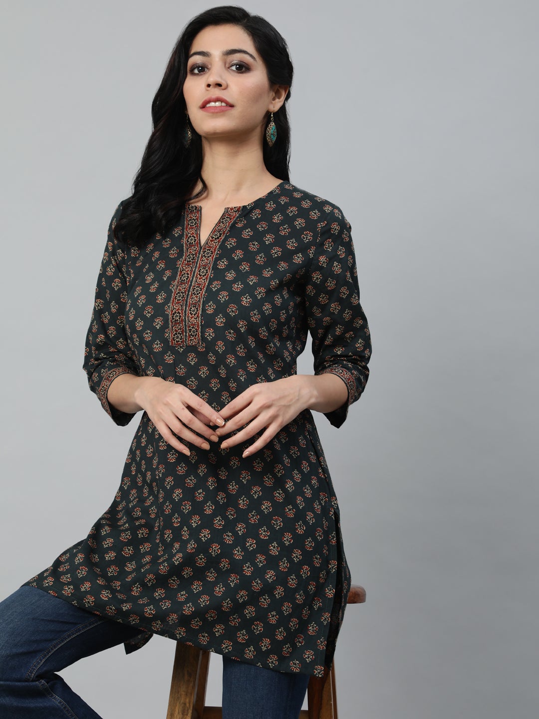 Women's Green Printed Tunic With Three Quarter Sleeves - Nayo Clothing
