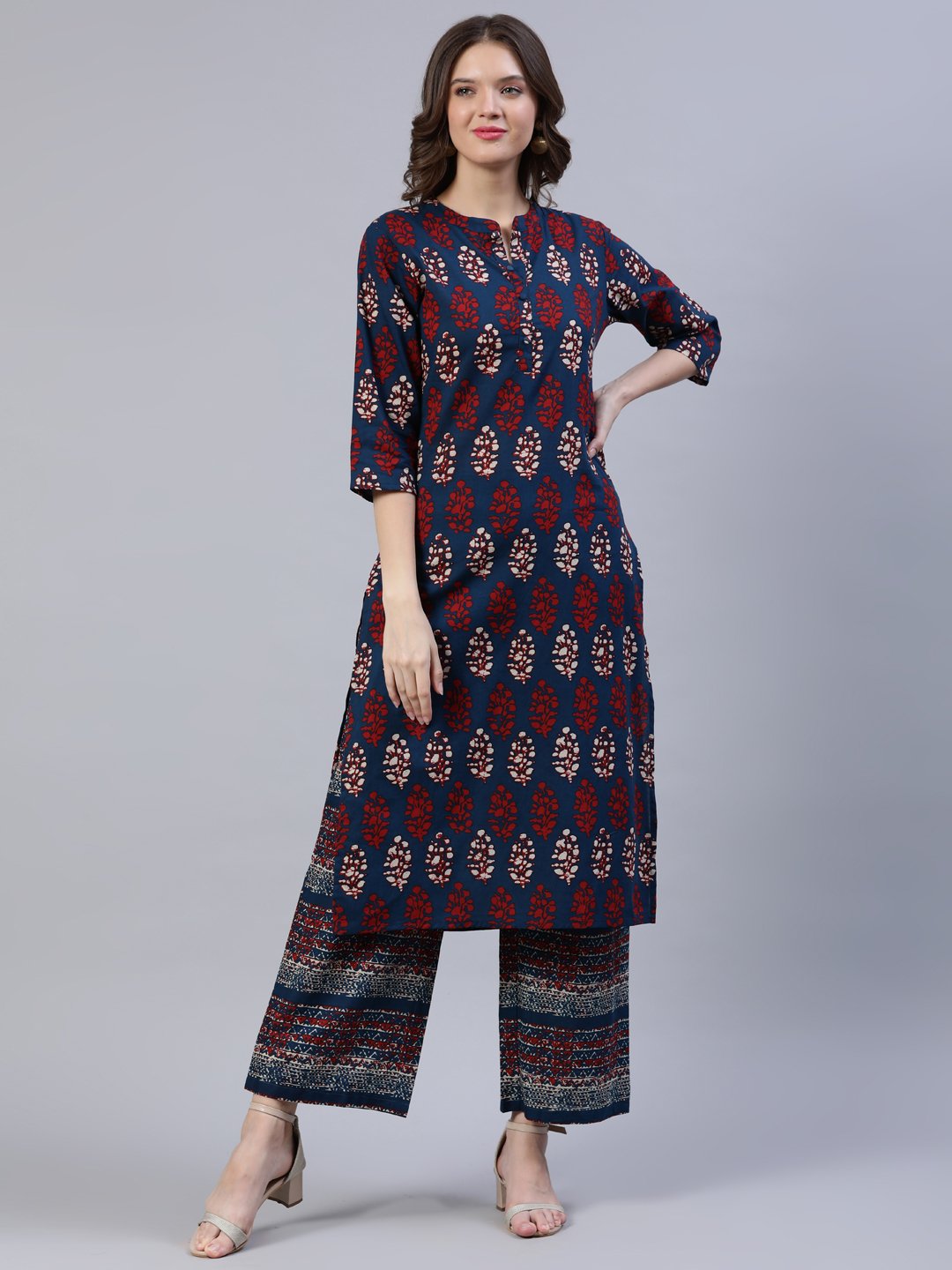 Women's Blue & Red Printed Straight Kurta - Nayo Clothing