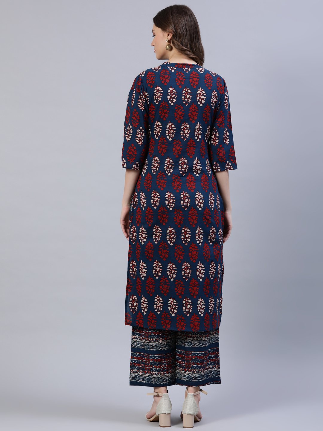 Women's Blue & Red Printed Straight Kurta - Nayo Clothing