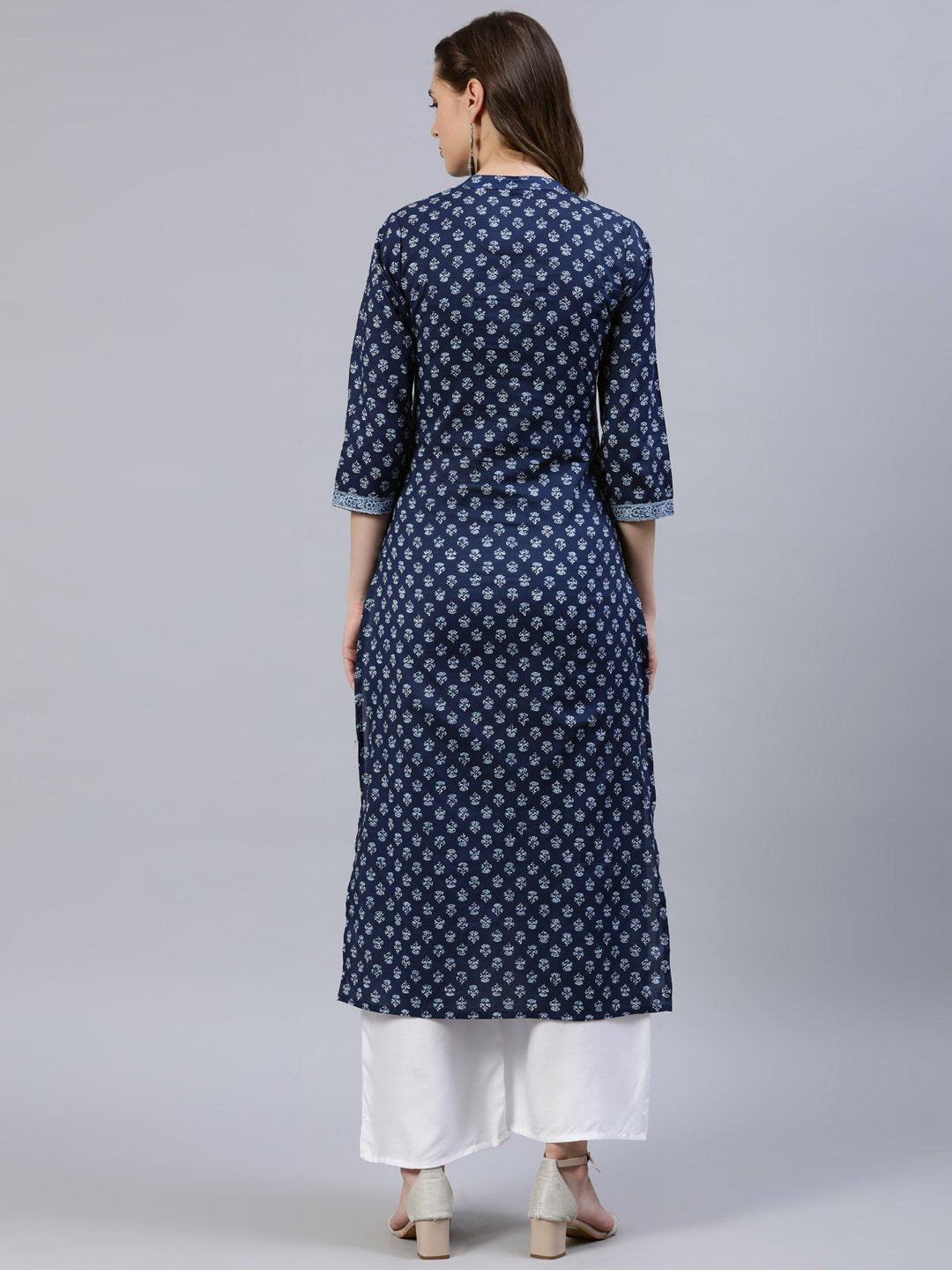 Women's Indigo Blue Printed Straight Kurta With Three Quarter Sleeves - Nayo Clothing