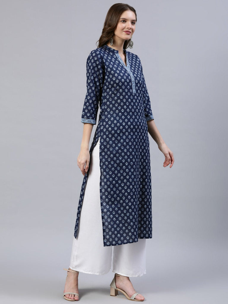 Women's Indigo Blue Printed Straight Kurta With Three Quarter Sleeves