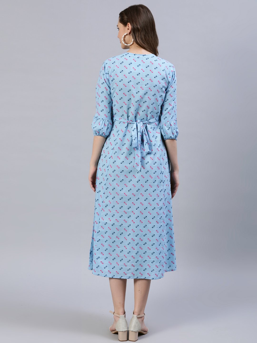 Women's Light Blue Dress With Three Quarter Detailed Sleeves - Nayo Clothing