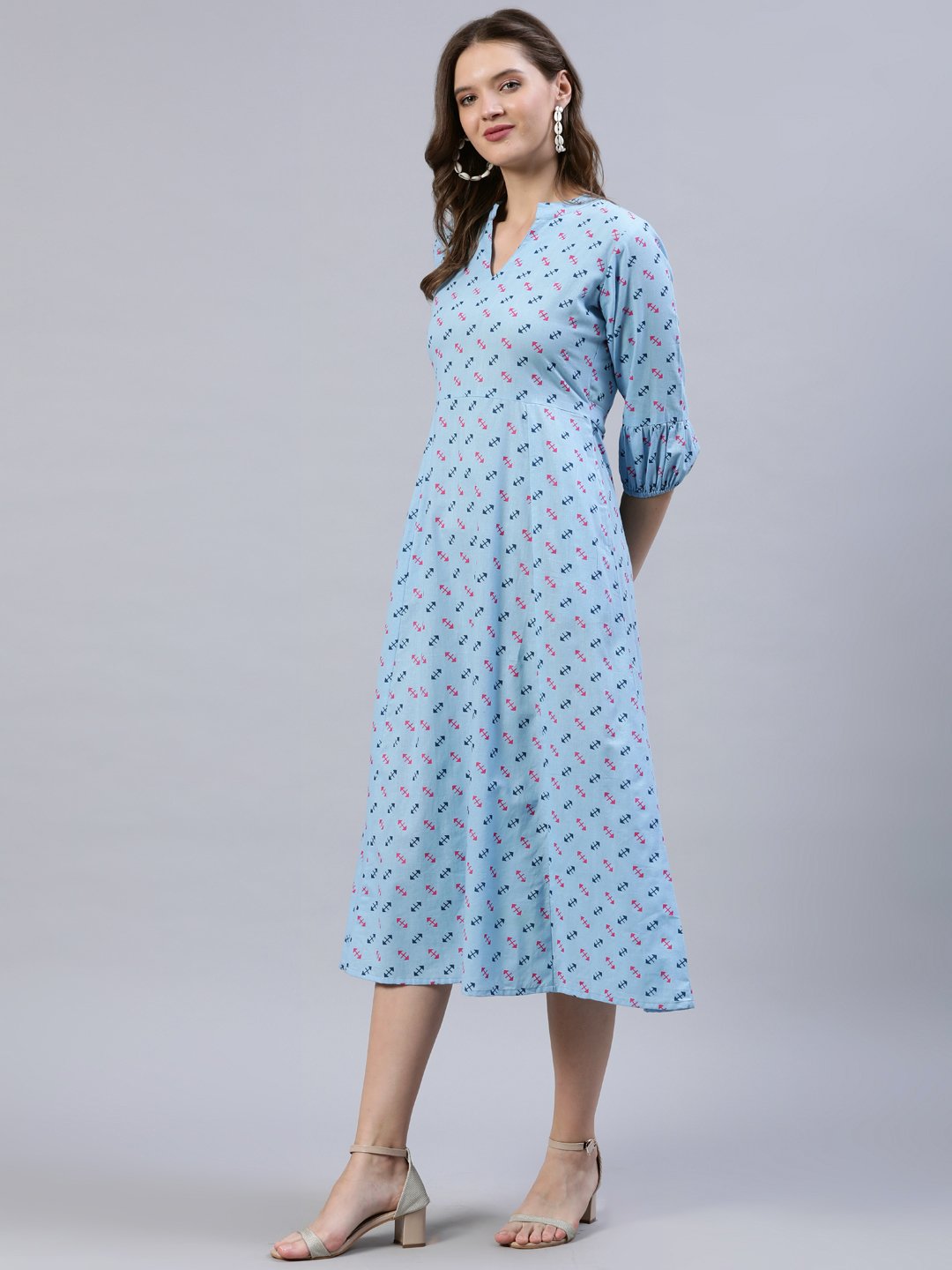 Women's Light Blue Dress With Three Quarter Detailed Sleeves - Nayo Clothing