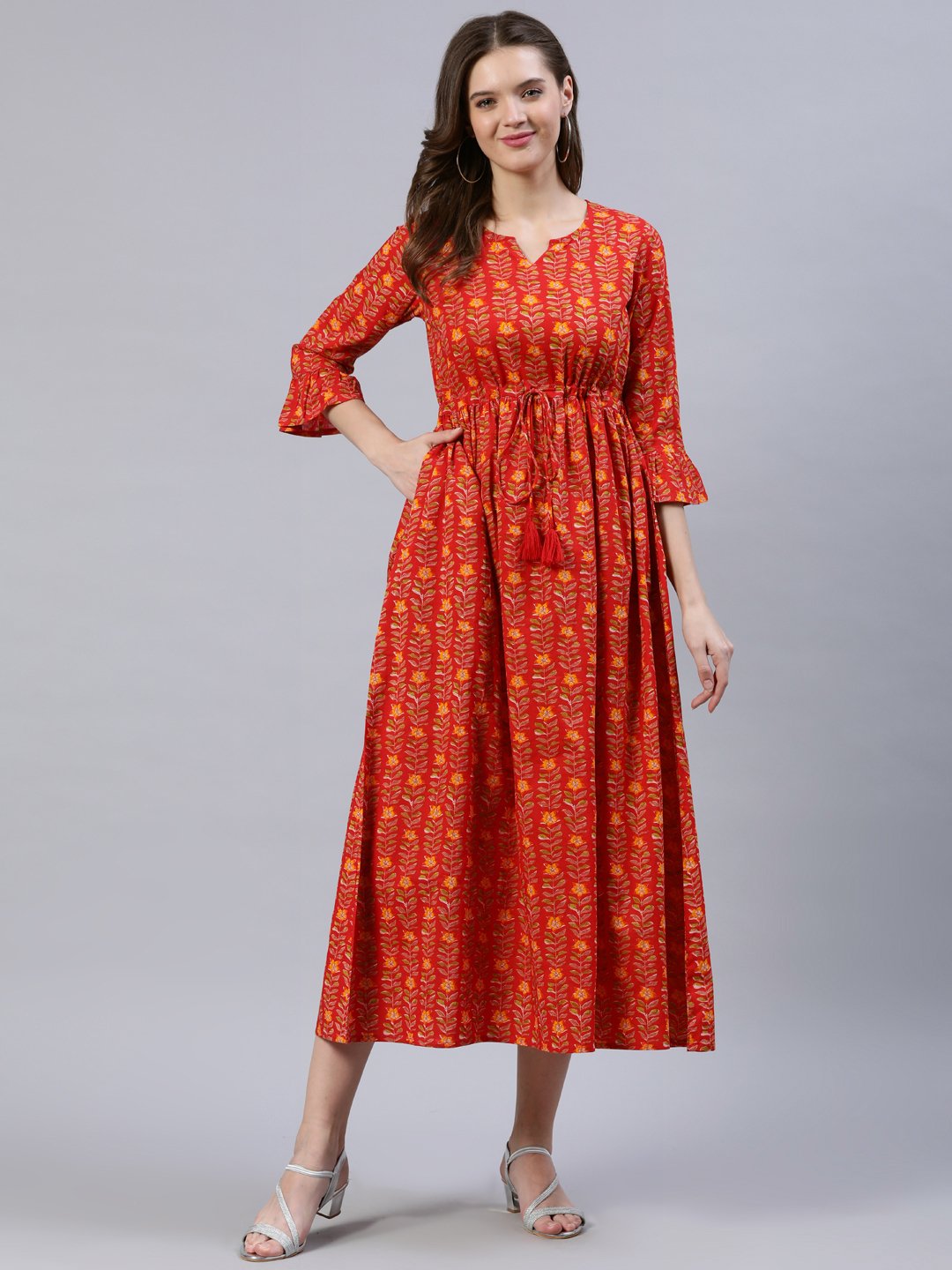 Women's Red Printed Dress With Flared Sleeves - Nayo Clothing