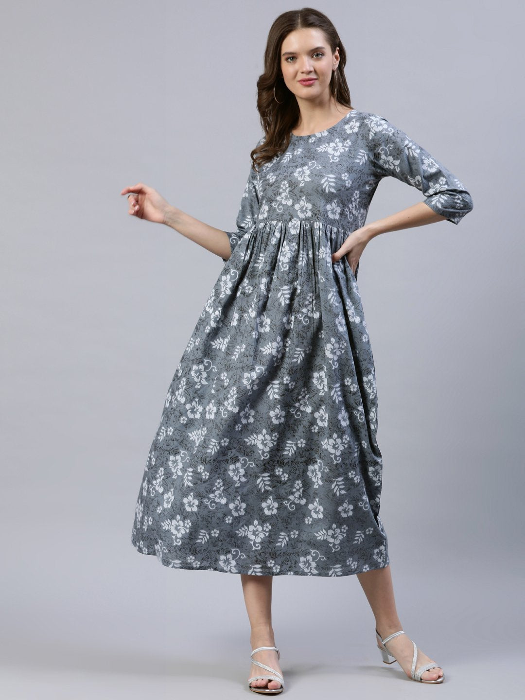 Women's Grey Floral Printed Dress With Three Quarter Sleeves - Nayo Clothing