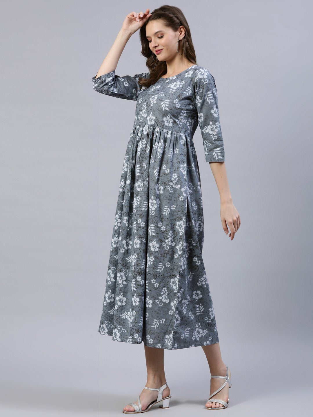Women's Grey Floral Printed Dress With Three Quarter Sleeves - Nayo Clothing