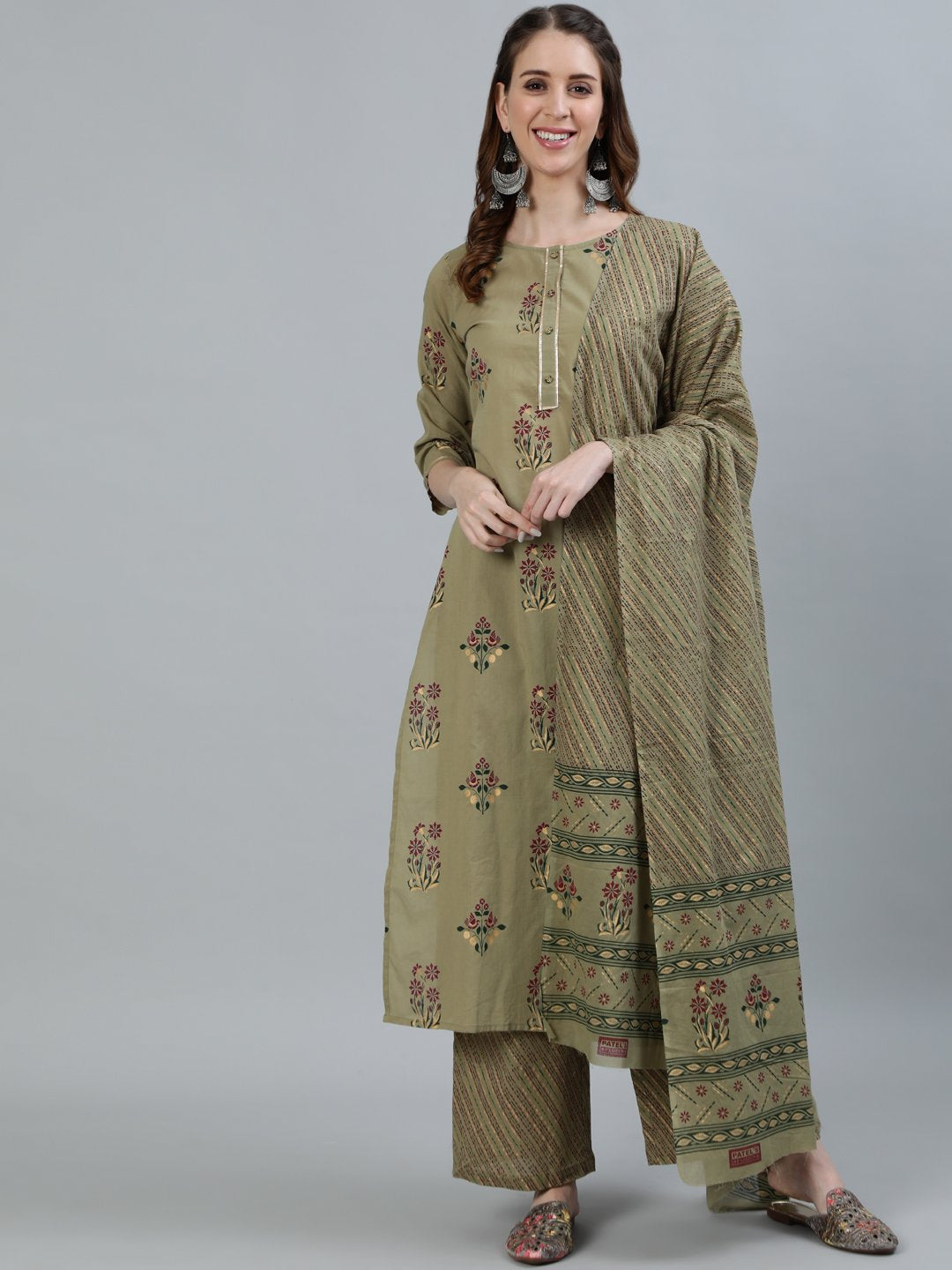 Women's Olive Embroidered Layered Pure Cotton Kurti With Trousers & With Dupatta - Nayo Clothing