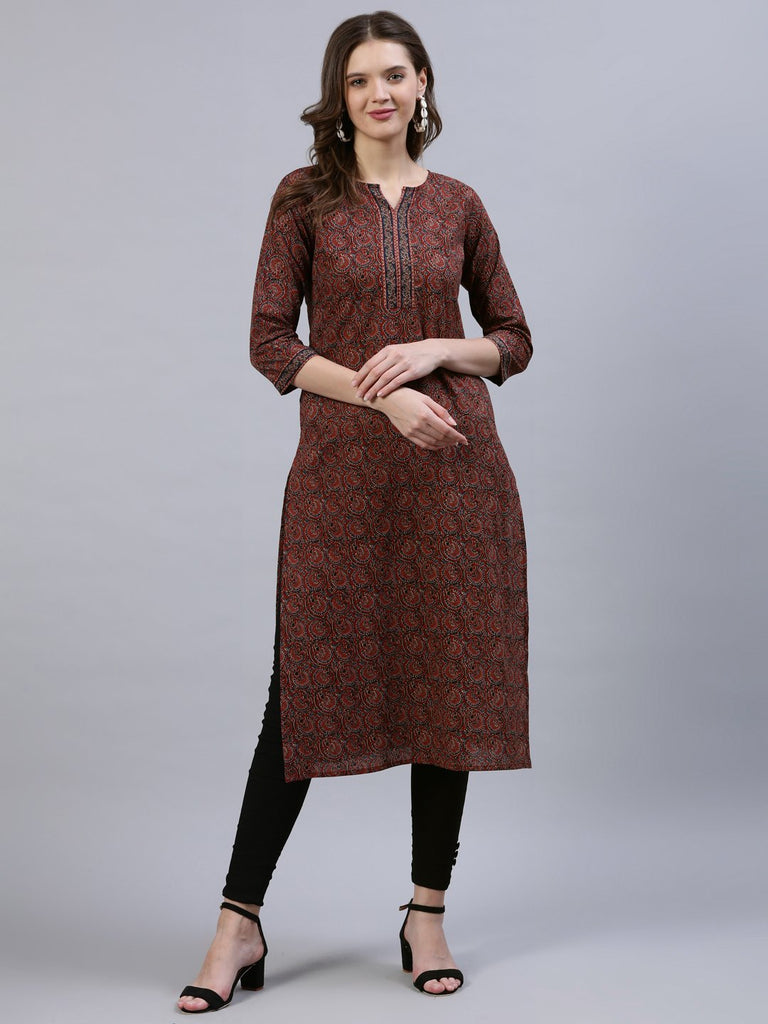 Women's Maroon Printed Straight Kurta With Three Quarter Sleeves