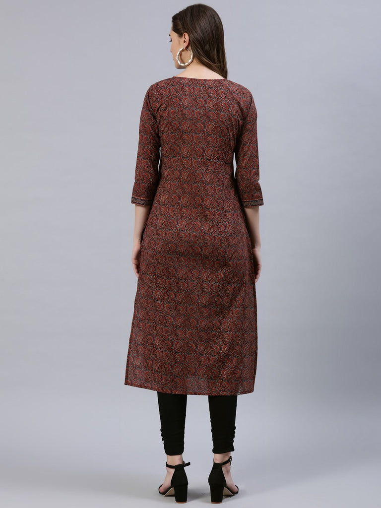 Women's Maroon Printed Straight Kurta With Three Quarter Sleeves