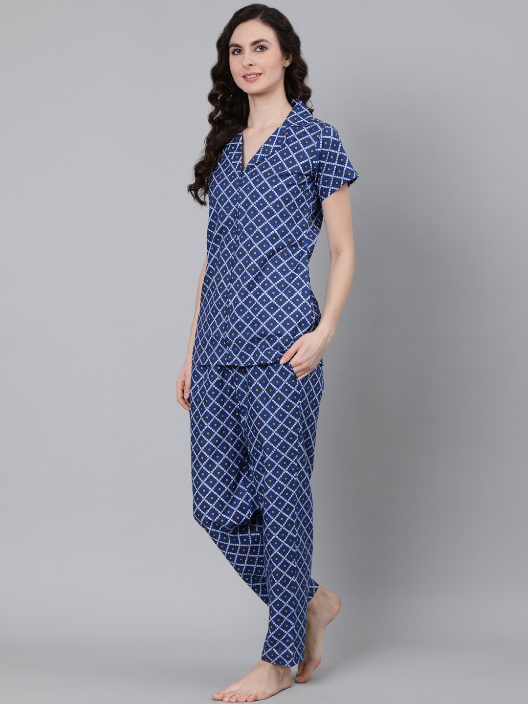 Women's Blue Printed Night Suit - Nayo Clothing