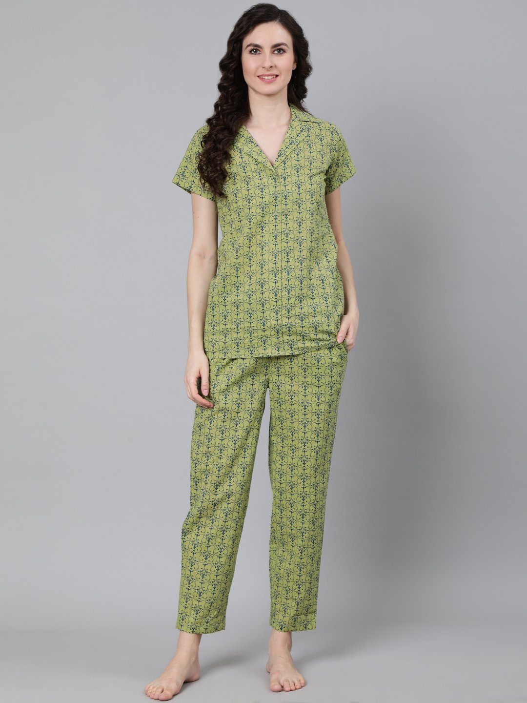 Women's Green Printed Night Suit - Nayo Clothing