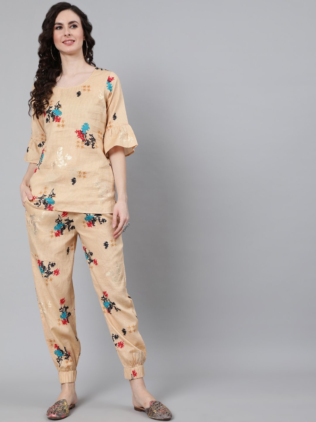 Women's Cream Printed Night Suit - Nayo Clothing