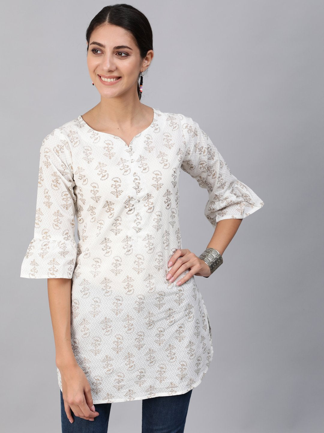 Women's Off-White & Gold Printed Tunic With Three Quarter Sleeves - Nayo Clothing