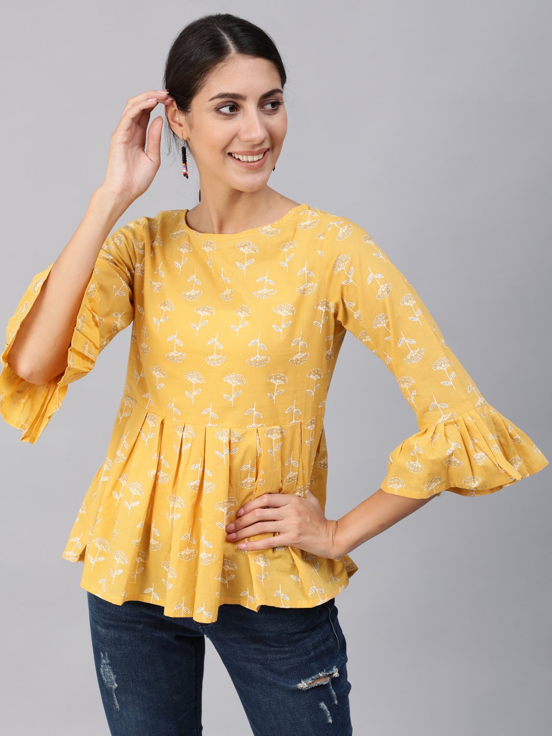 Women's Yellow & Silver Printed Top With Three Quarter Flared Sleeves - Nayo Clothing