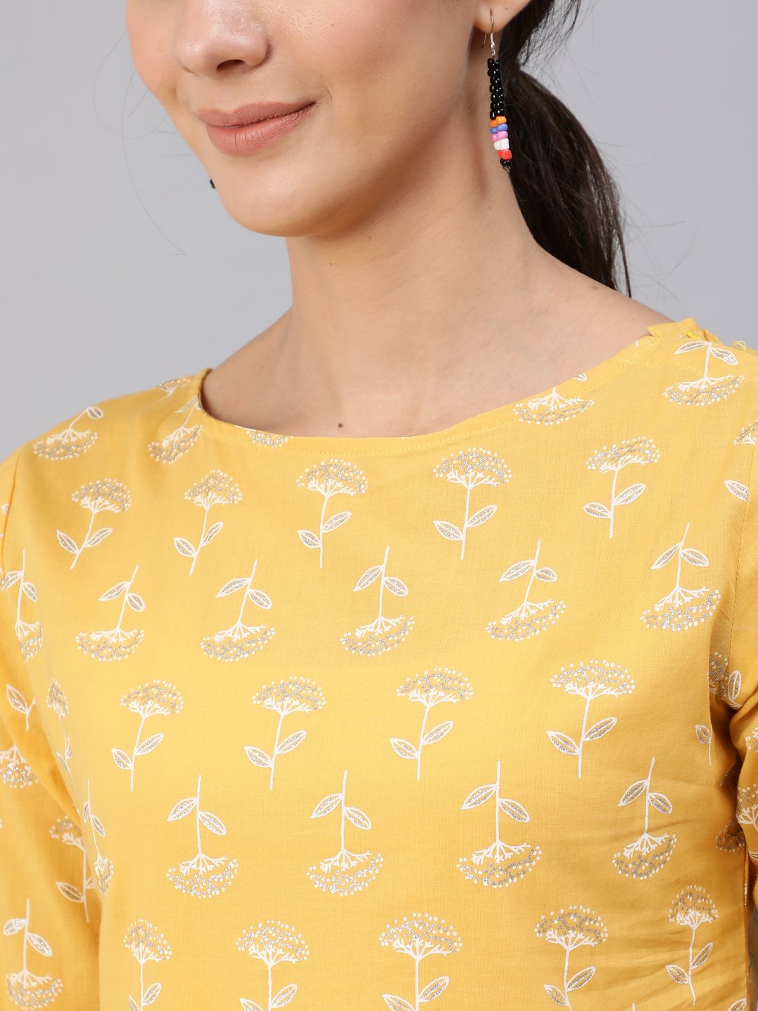 Women's Yellow & Silver Printed Top With Three Quarter Flared Sleeves - Nayo Clothing