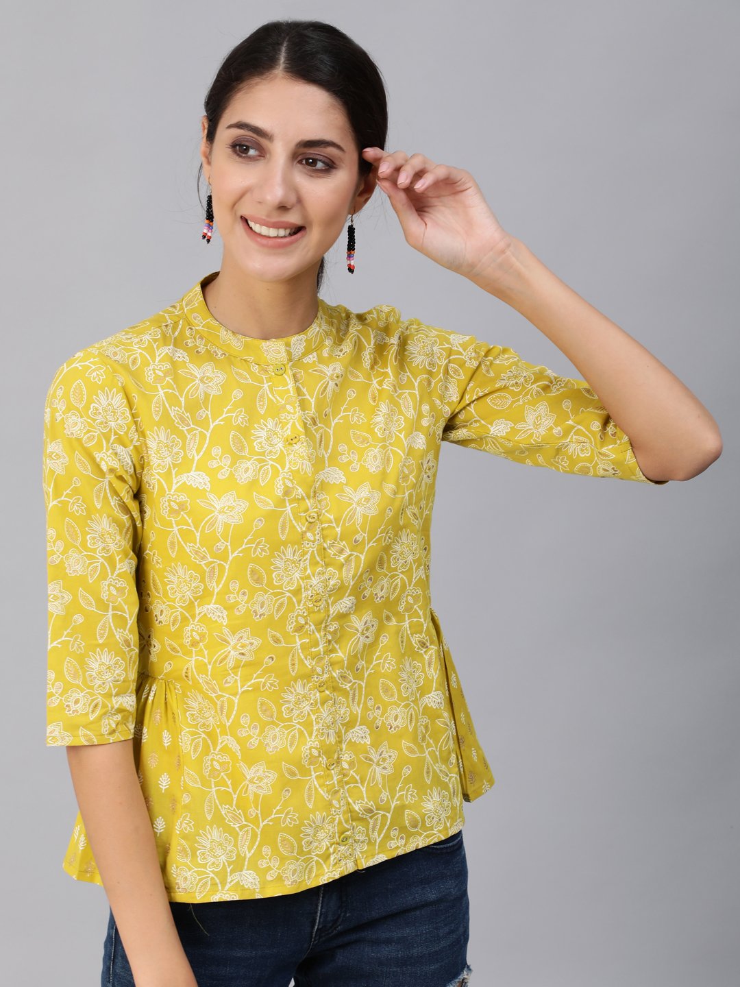 Women's Green & Gold Printed Top With Three Quarter Flared Sleeves - Nayo Clothing