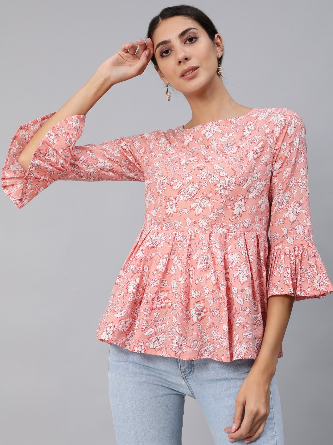 Women's Pink Floral Printed Top With Three Quarter Flared Sleeves - Nayo Clothing