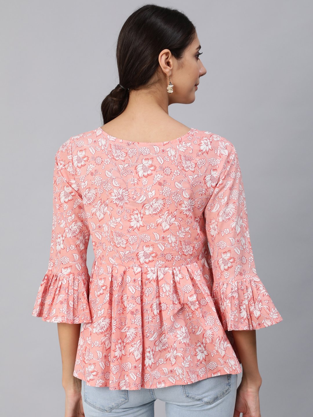 Women's Pink Floral Printed Top With Three Quarter Flared Sleeves - Nayo Clothing