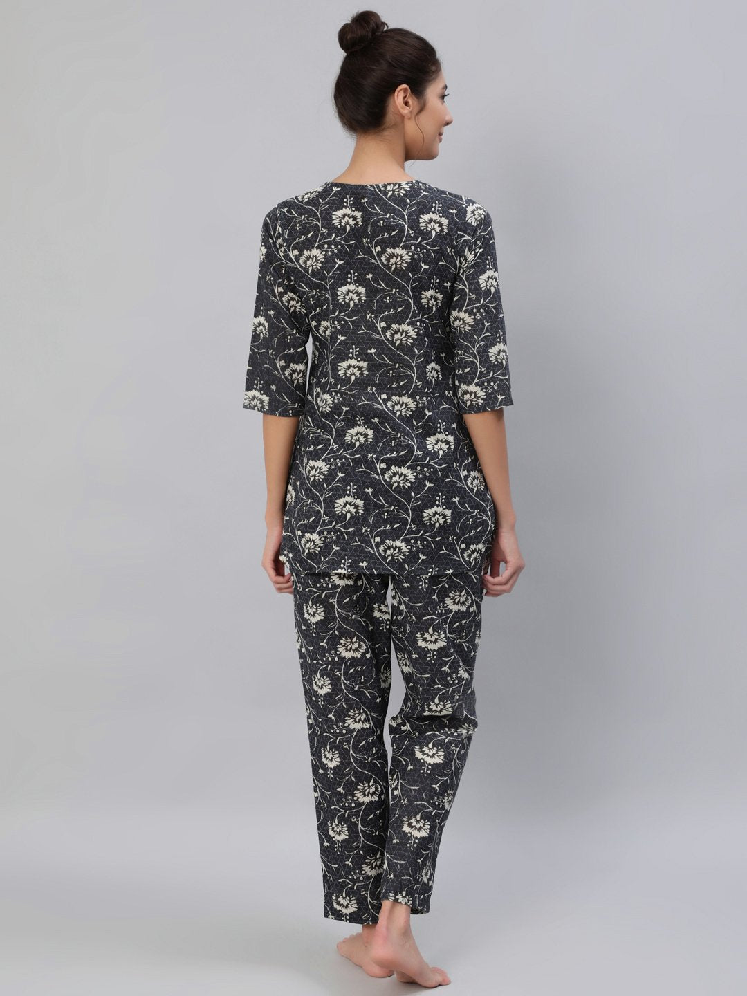 Women's Grey Floral Printed Night Suit Set - Nayo Clothing