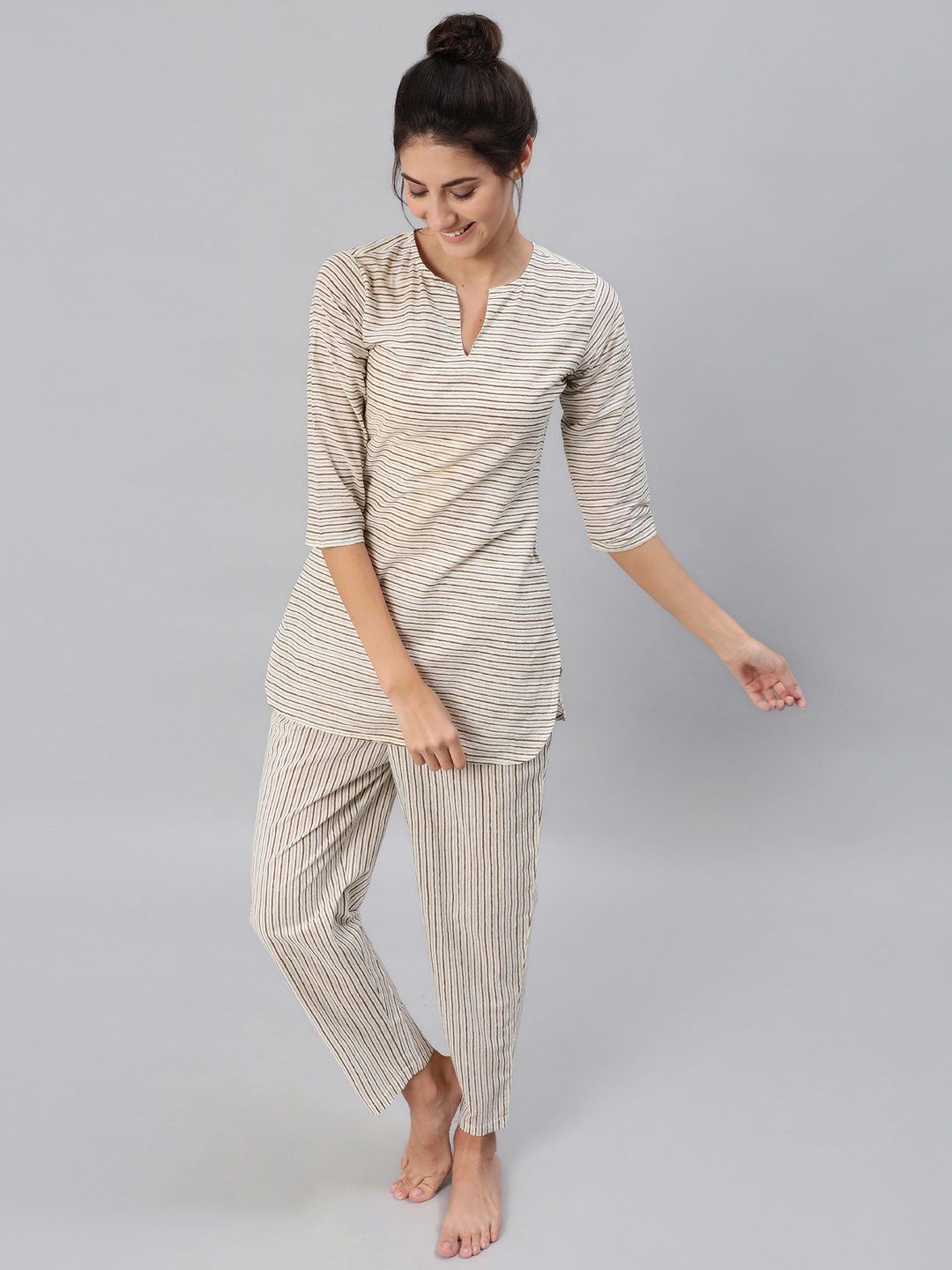 Women's Brown & Off-White Striped Printed Night Suit Set - Nayo Clothing