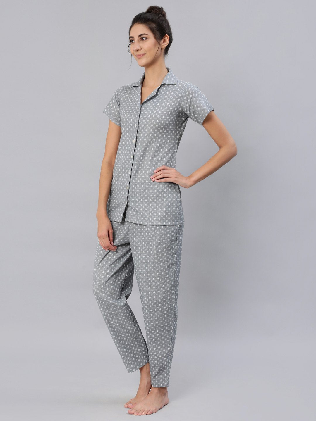Women's Grey Printed Night Suit Set - Nayo Clothing