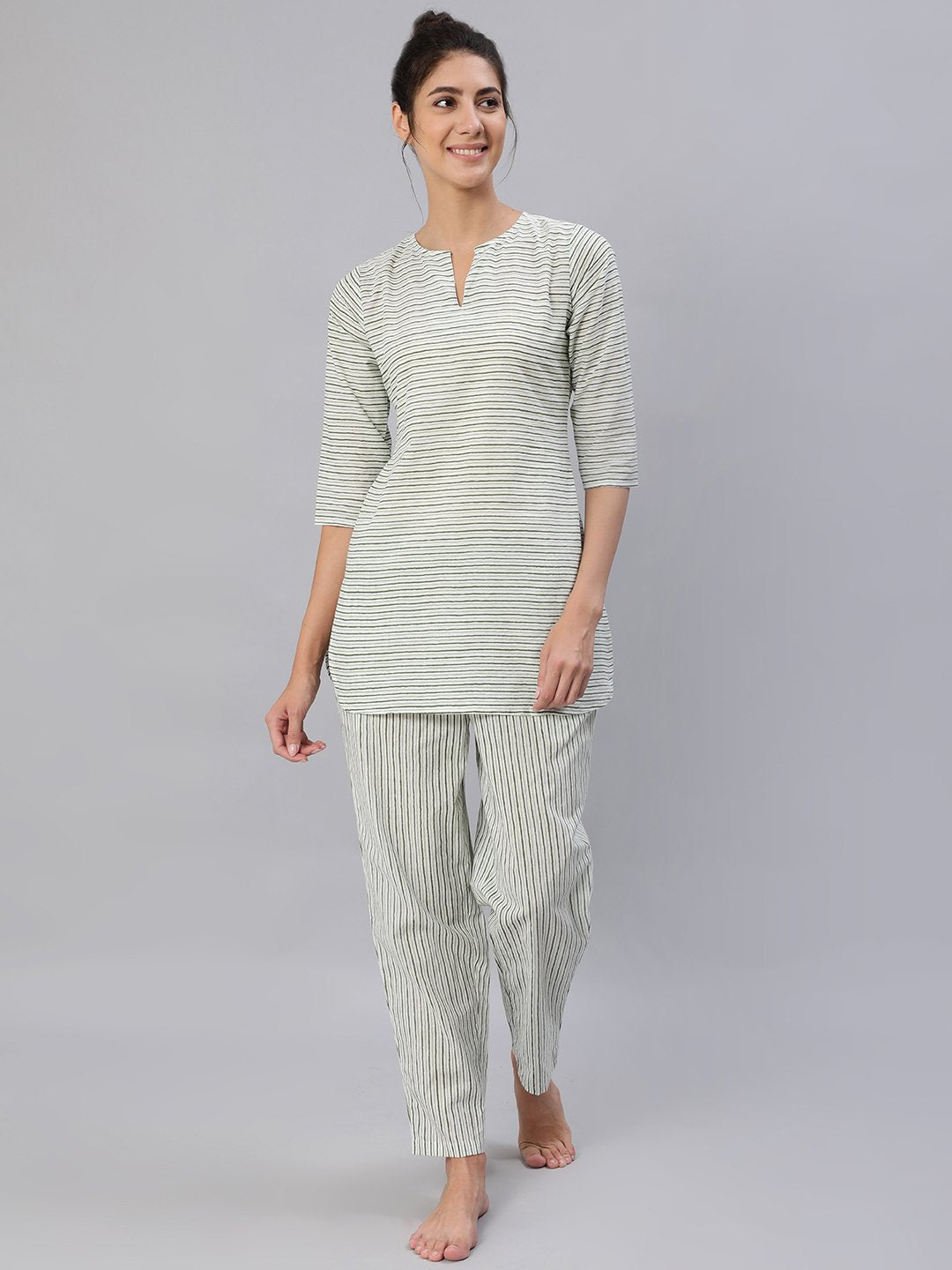 Women's Green & Off-White Striped Night Suit Set - Nayo Clothing