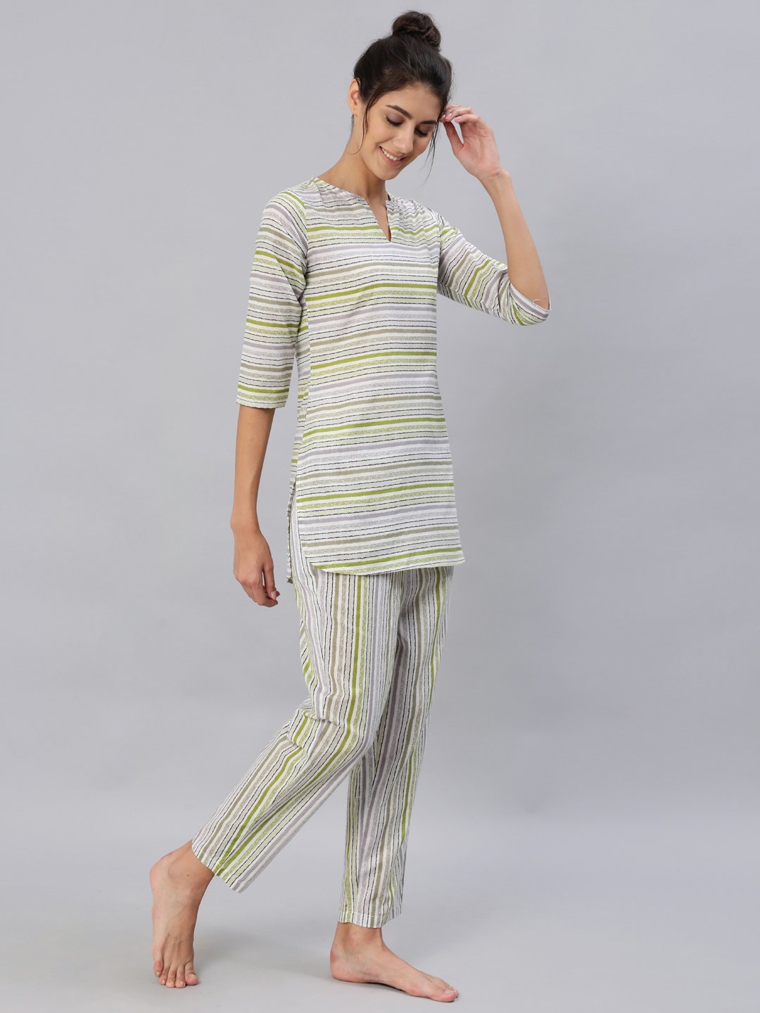 Women's Green & Grey Striped Night Suit Set - Nayo Clothing