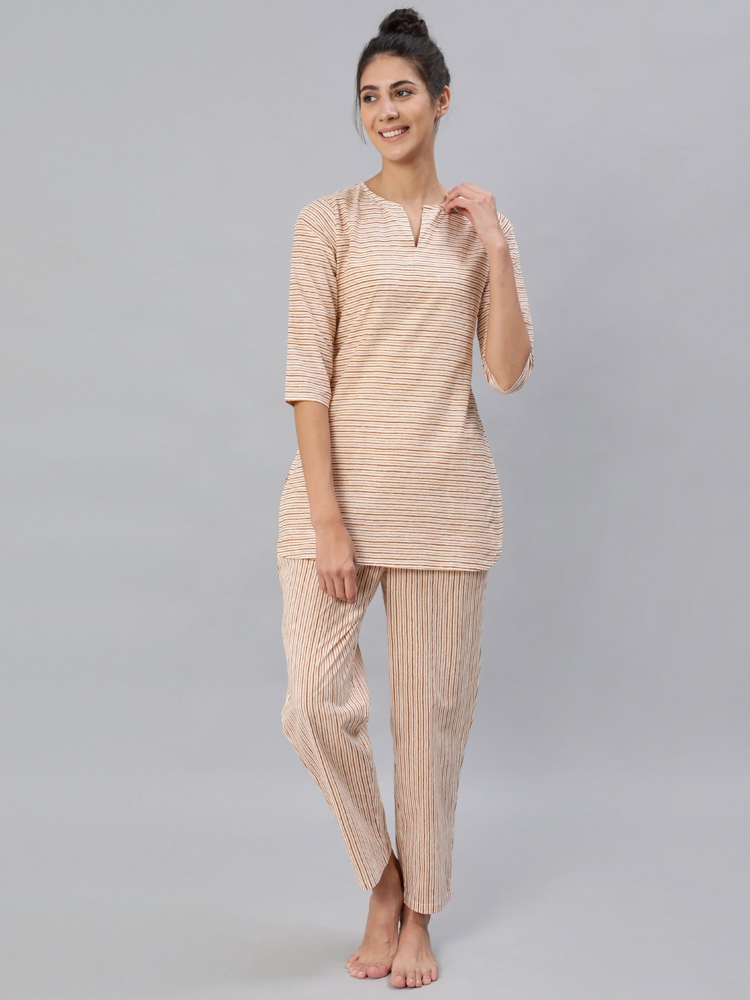 Women's Mustard & Off-White Striped Night Suit Set - Nayo Clothing