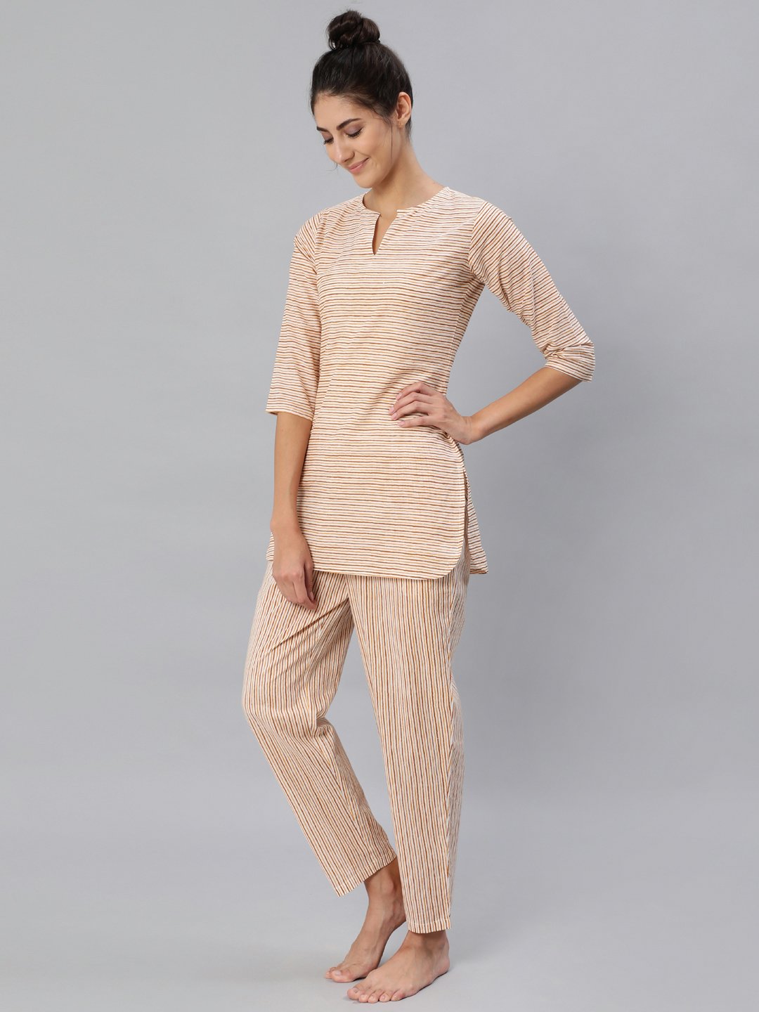 Women's Mustard & Off-White Striped Night Suit Set - Nayo Clothing