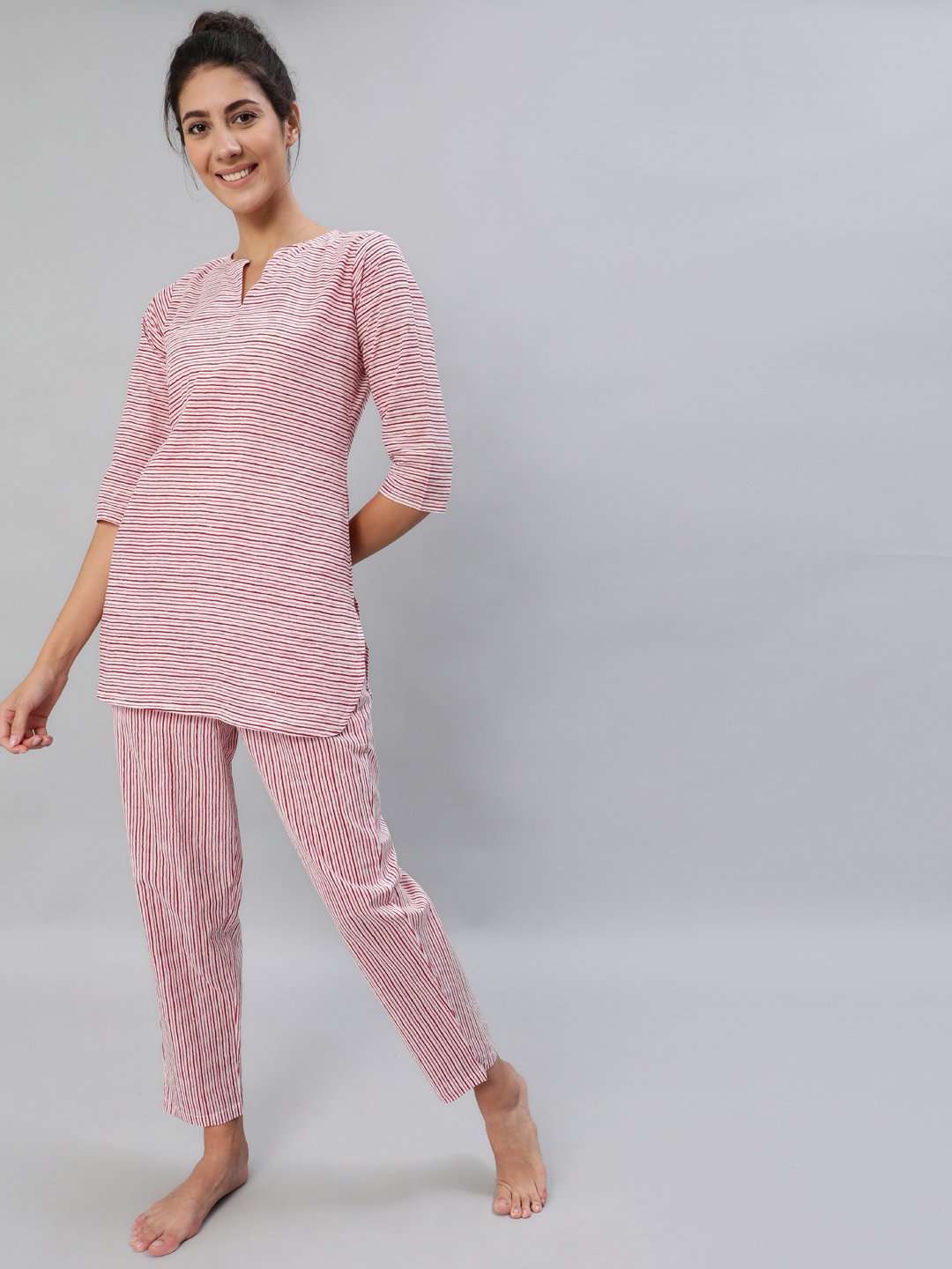 Women's Pink & Off-White Striped Night Suit Set - Nayo Clothing