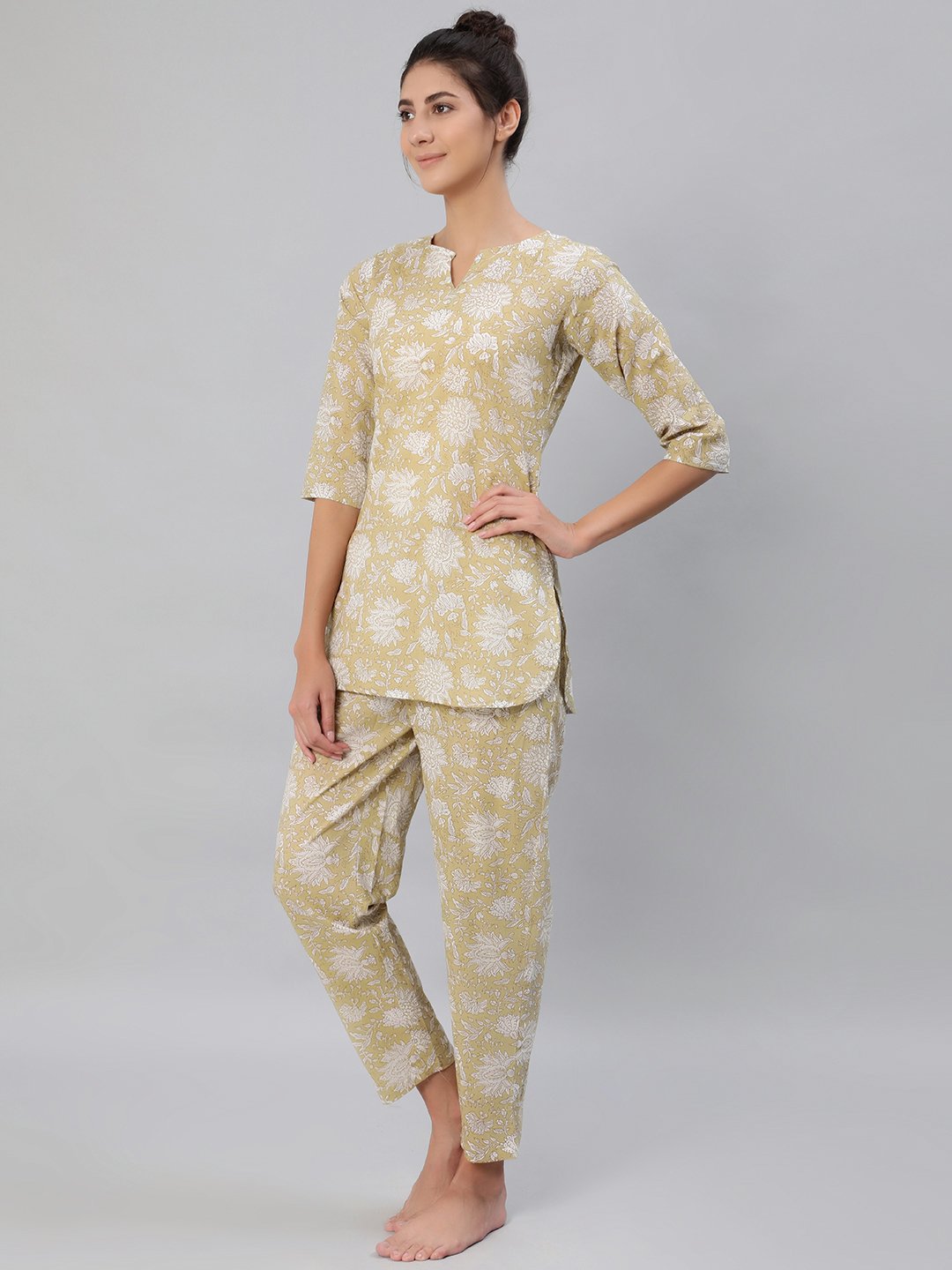 Women's Olive Green Floral Printed Night Suit Set - Nayo Clothing