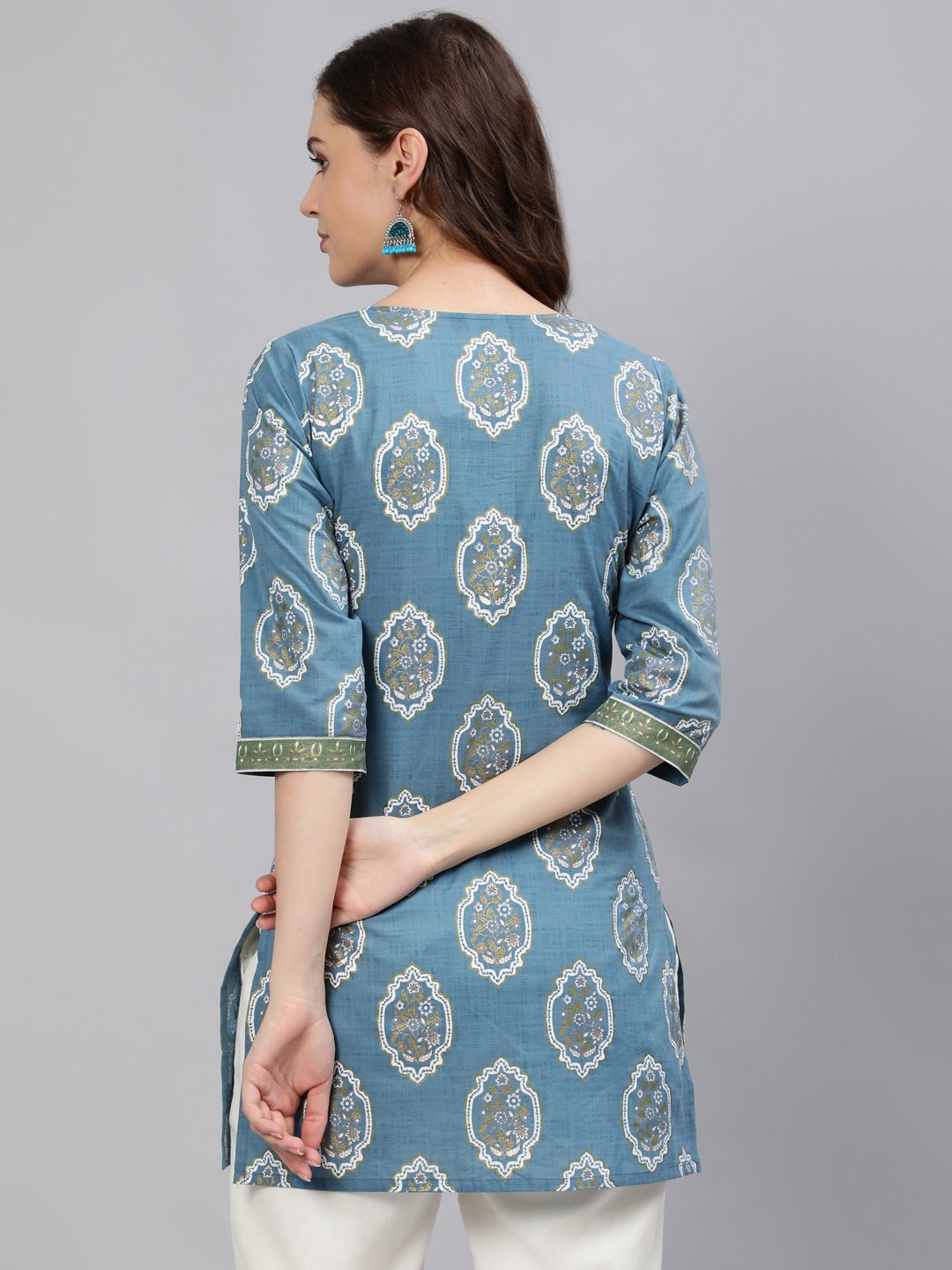 Women's Blue & Gold Printed Tunic With Three Quarter Sleeves - Nayo Clothing