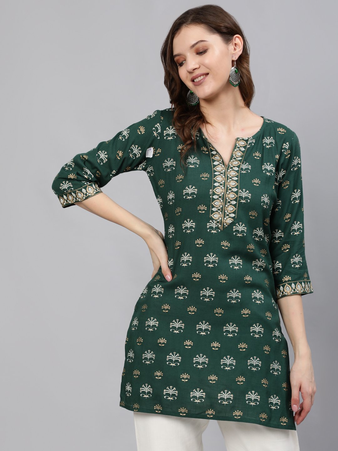 Women's Green & Gold Printed Tunic With Three Quarter Sleeves - Nayo Clothing