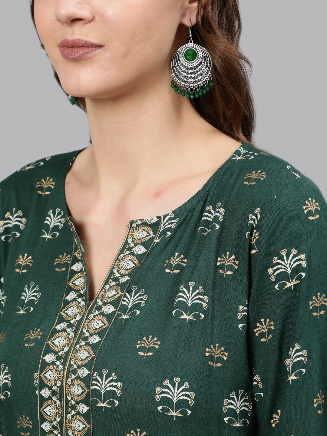Women's Green & Gold Printed Tunic With Three Quarter Sleeves - Nayo Clothing