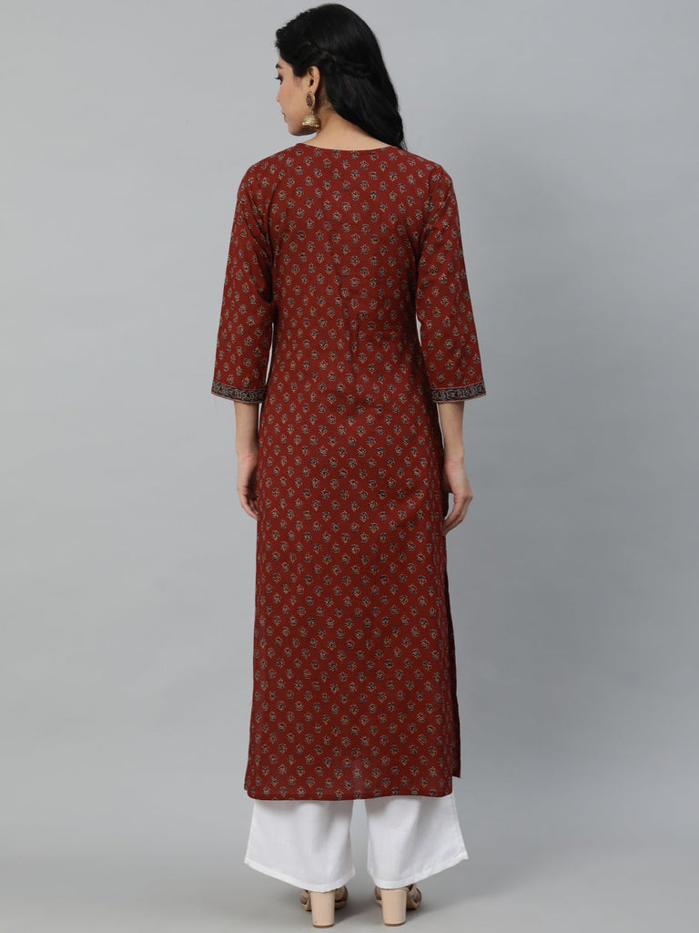 Women's Maroon Printed Straight Kurta With Three quarter Sleeves