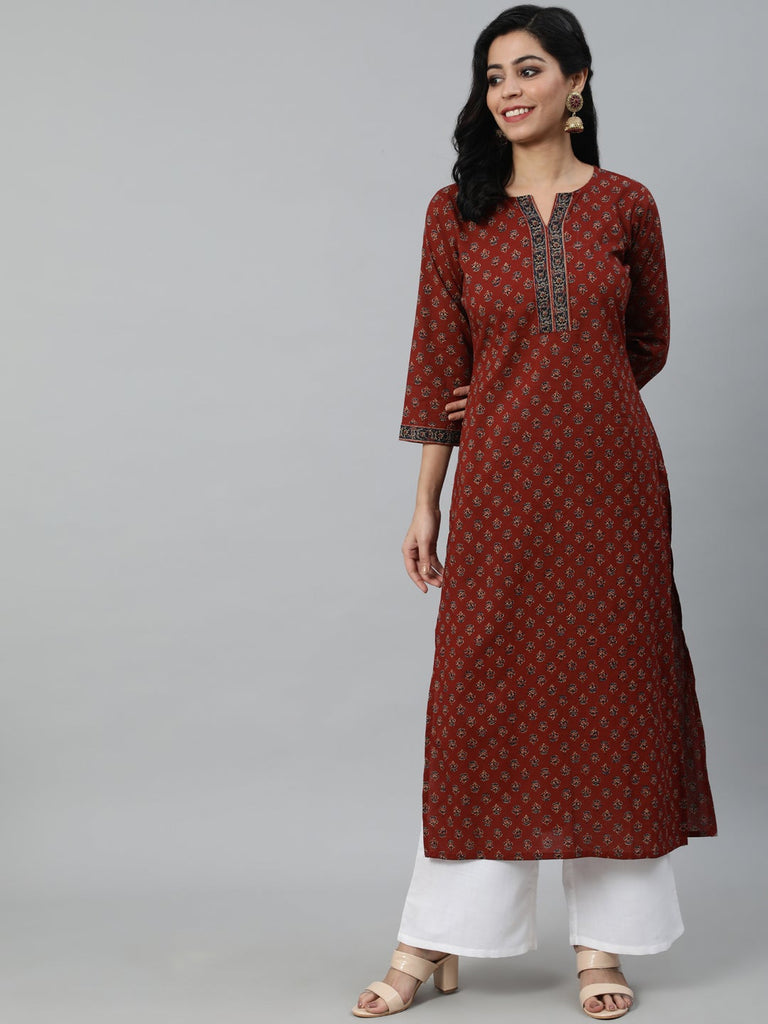 Women's Maroon Printed Straight Kurta With Three quarter Sleeves