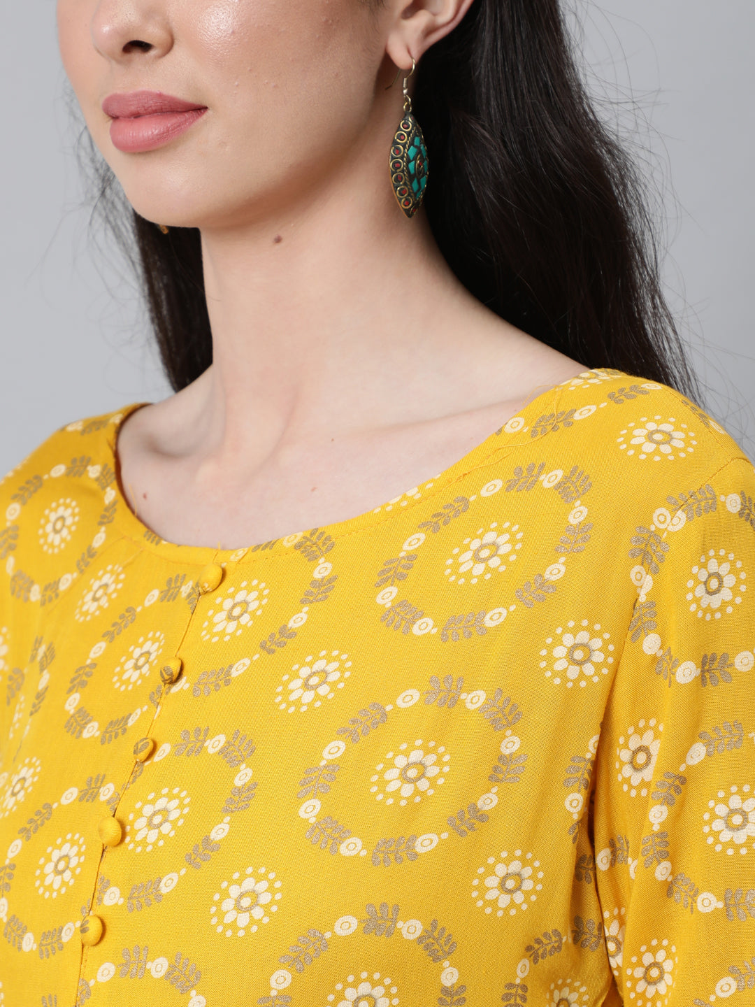 Women's Yellow Ethnic Printed Flared Dress With Three Quarter Sleeves - Nayo Clothing