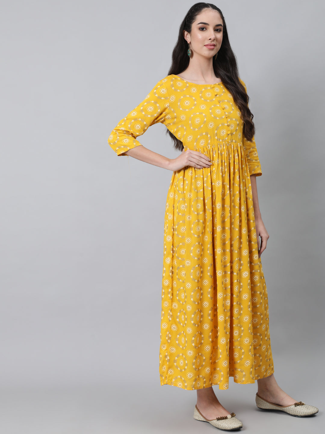 Women's Yellow Ethnic Printed Flared Dress With Three Quarter Sleeves - Nayo Clothing
