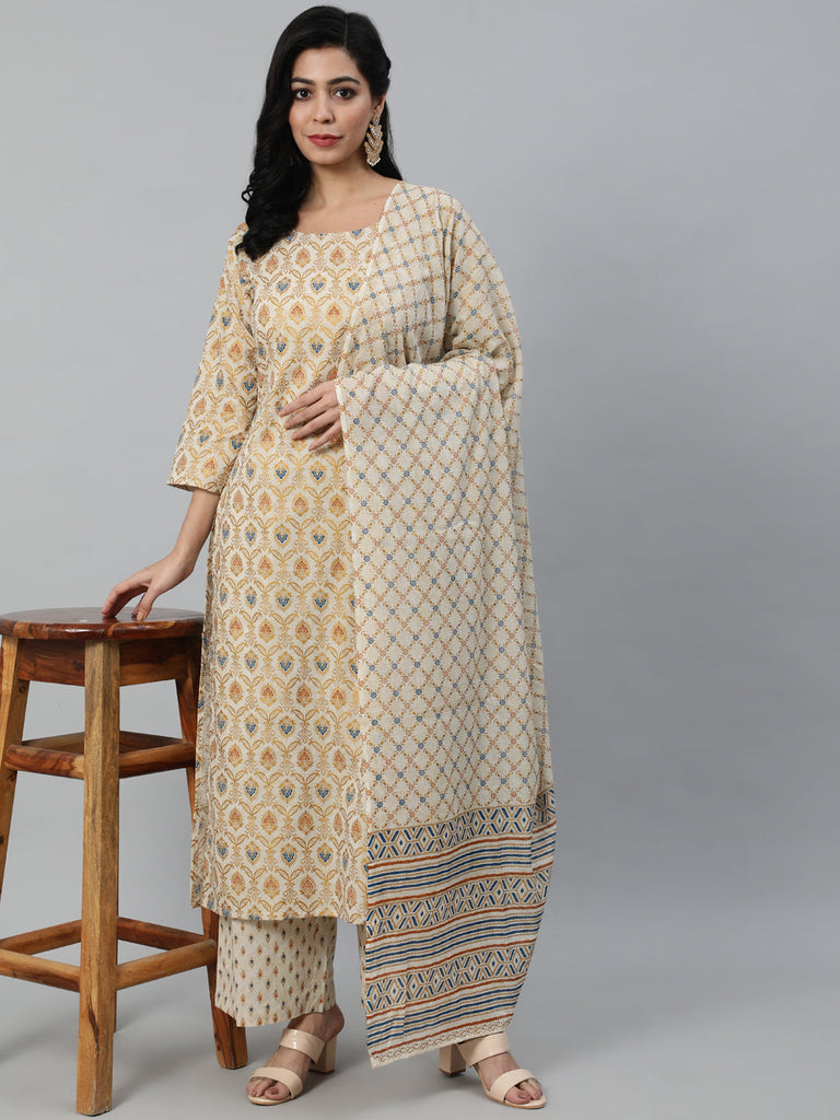 Women's Cream & Gold Printed Straight Kurta With Plazo & Dupatta
