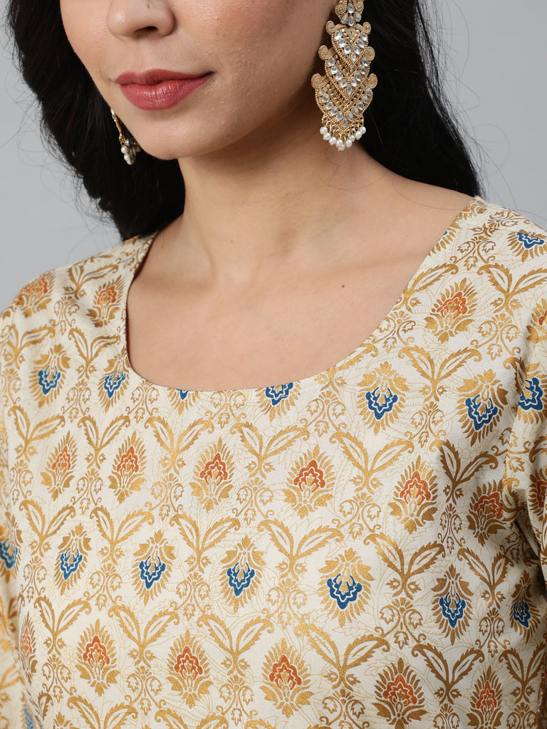Women's Cream & Gold Printed Straight Kurta With Plazo & Dupatta