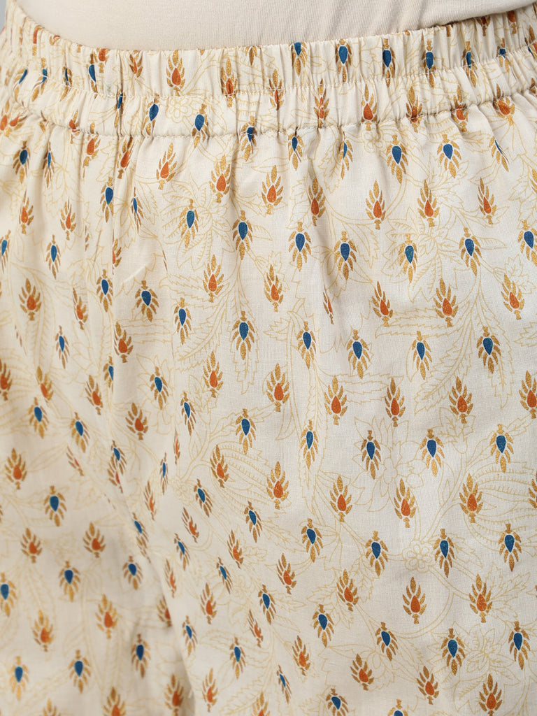 Women's Cream & Gold Printed Straight Kurta With Plazo & Dupatta