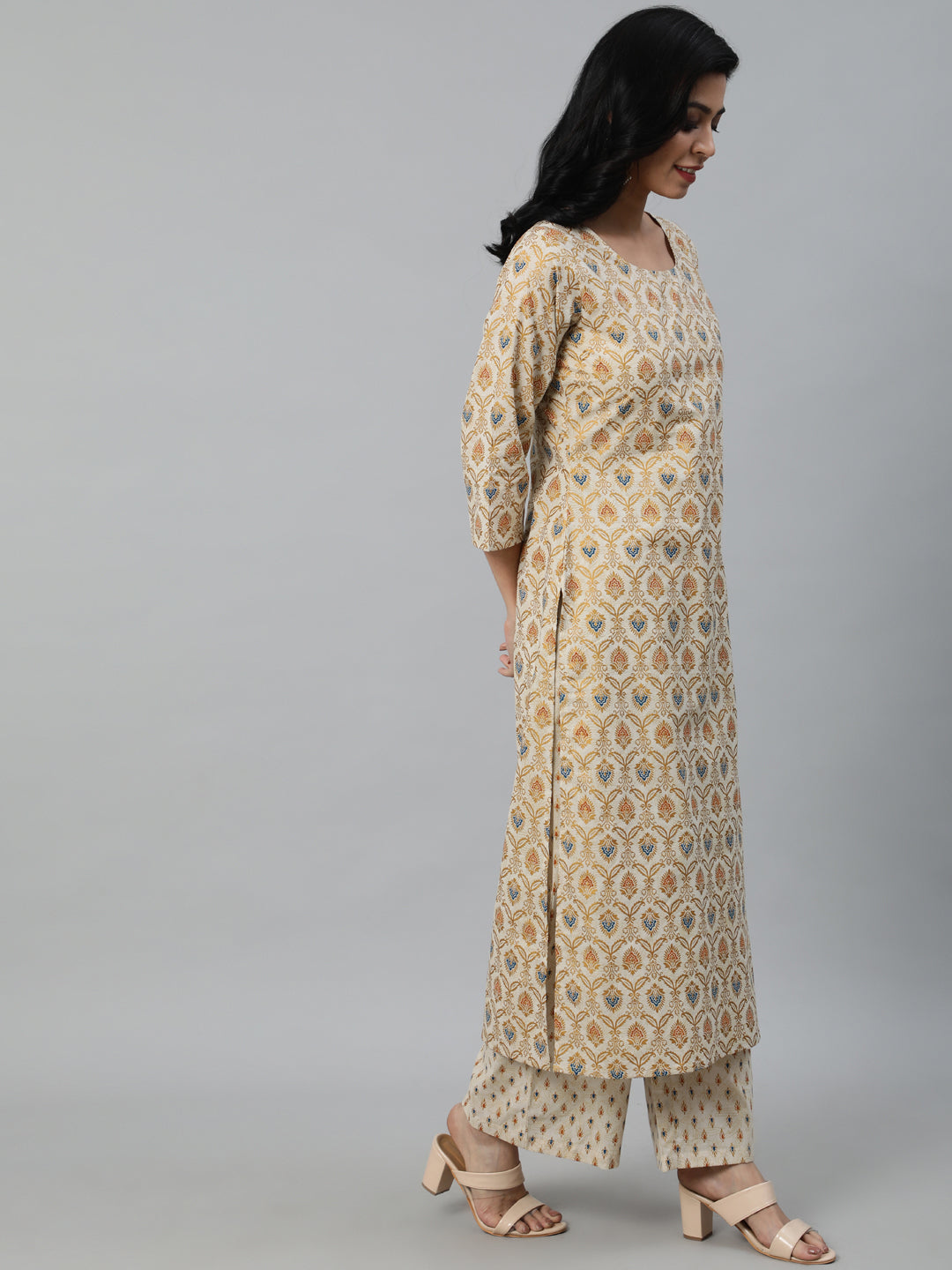 Women's Cream & Gold Printed Straight Kurta With Plazo & Dupatta - Nayo Clothing
