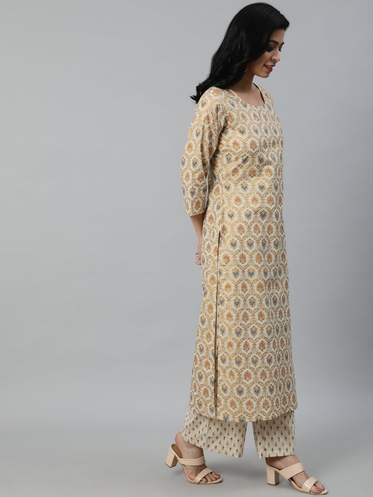 Women's Cream & Gold Printed Straight Kurta With Plazo & Dupatta