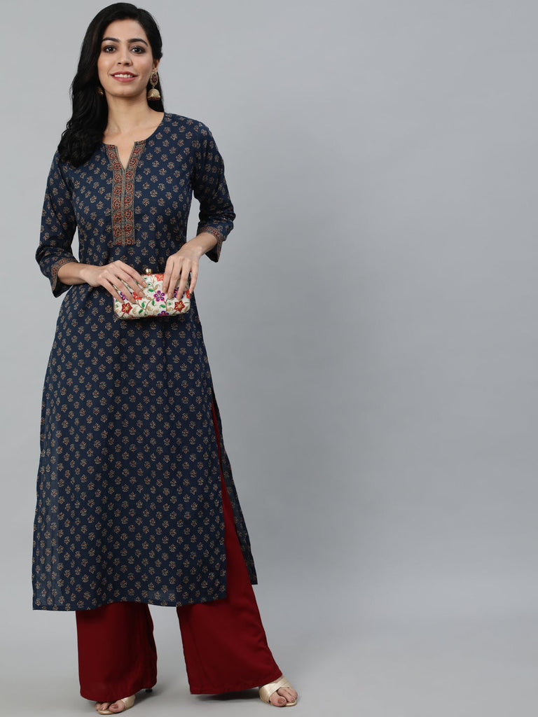 Women's Navy Blue Ethnic Printed Straight kurta With Three Quarter Sleeves